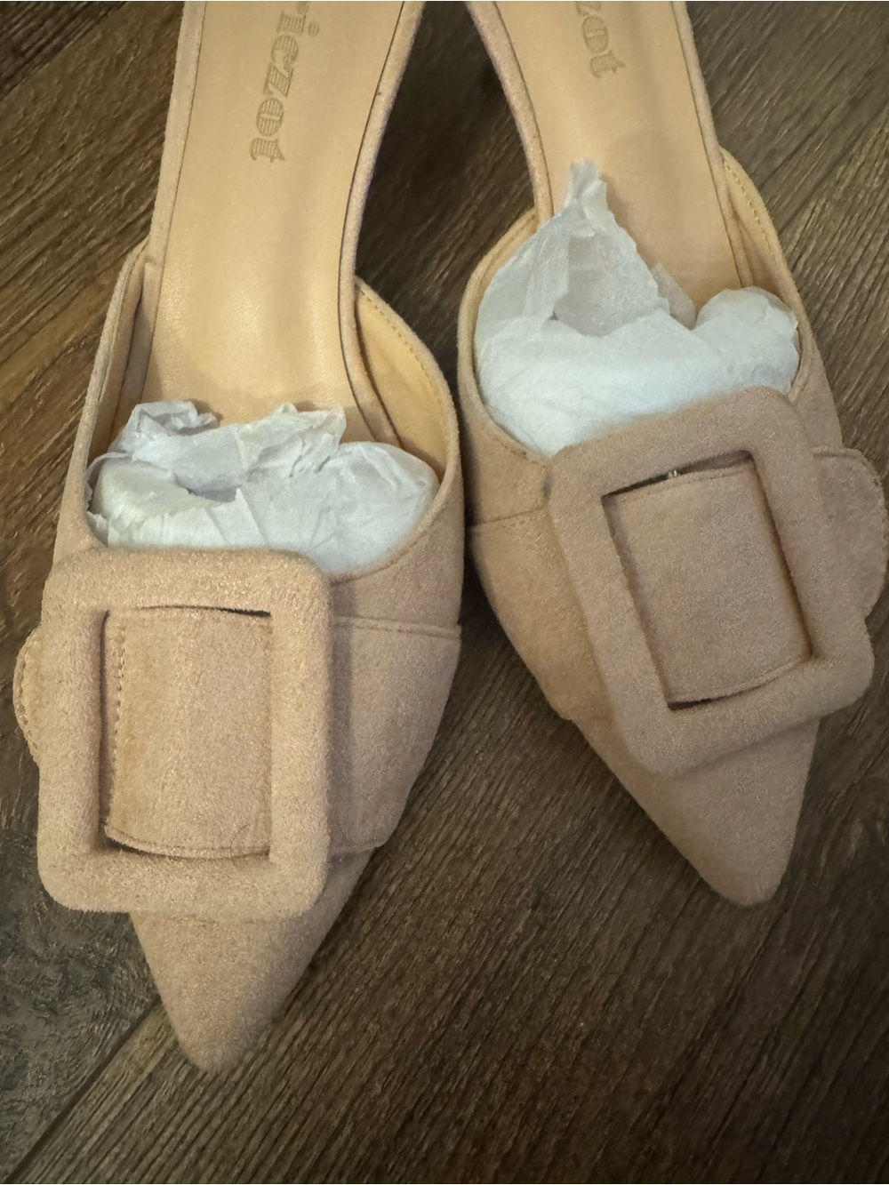 Pointed Toe Buckle Mule Heels in Blush - Picture 6 of 6